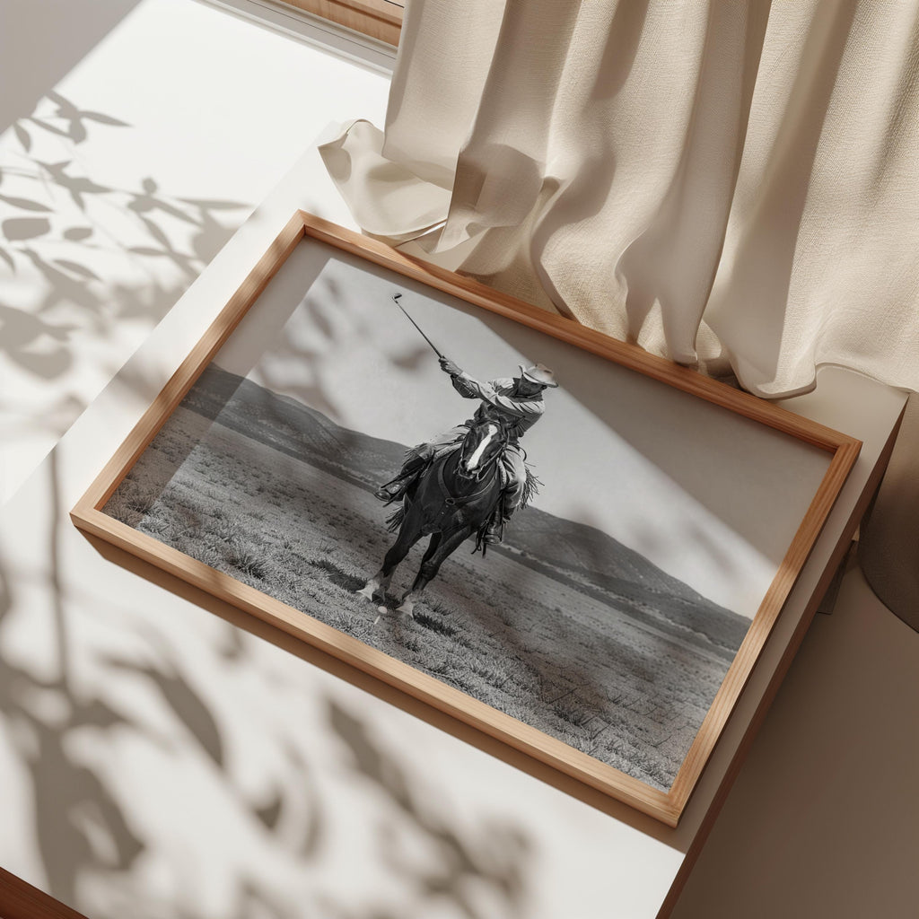 Cowboy Playing Golf Wall Art, Vintage Western Print, Black and White Horse Poster, Funny Golf Decor, Rustic Man Cave Photography