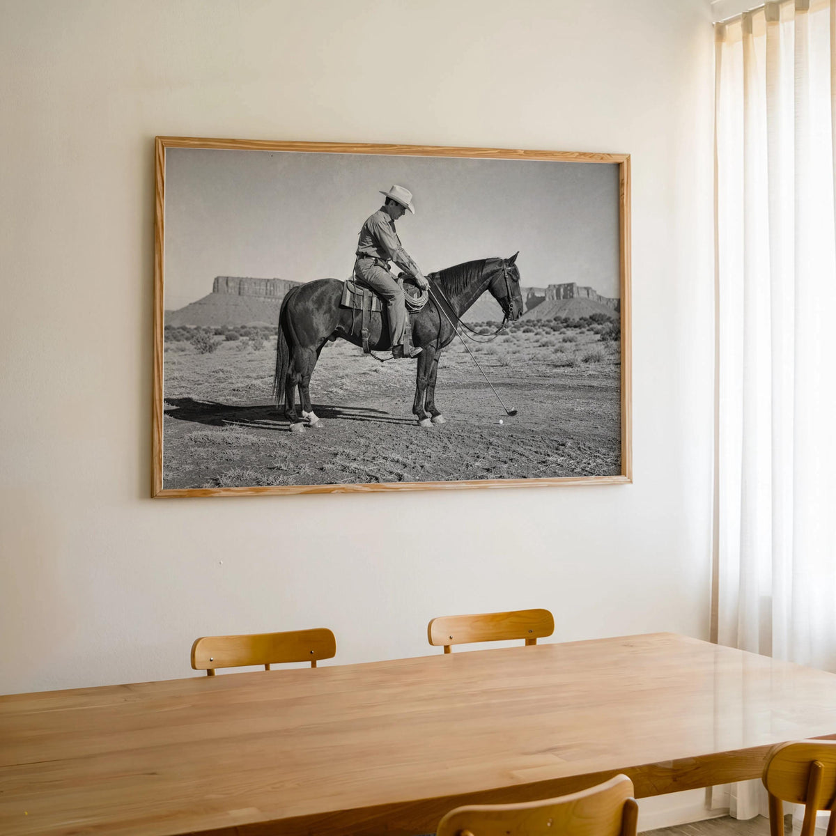 Cowboy Playing Golf Print, Vintage Western Wall Art, Black and White Horse Photography, Funny Golf Decor, Rustic Man Cave Poster