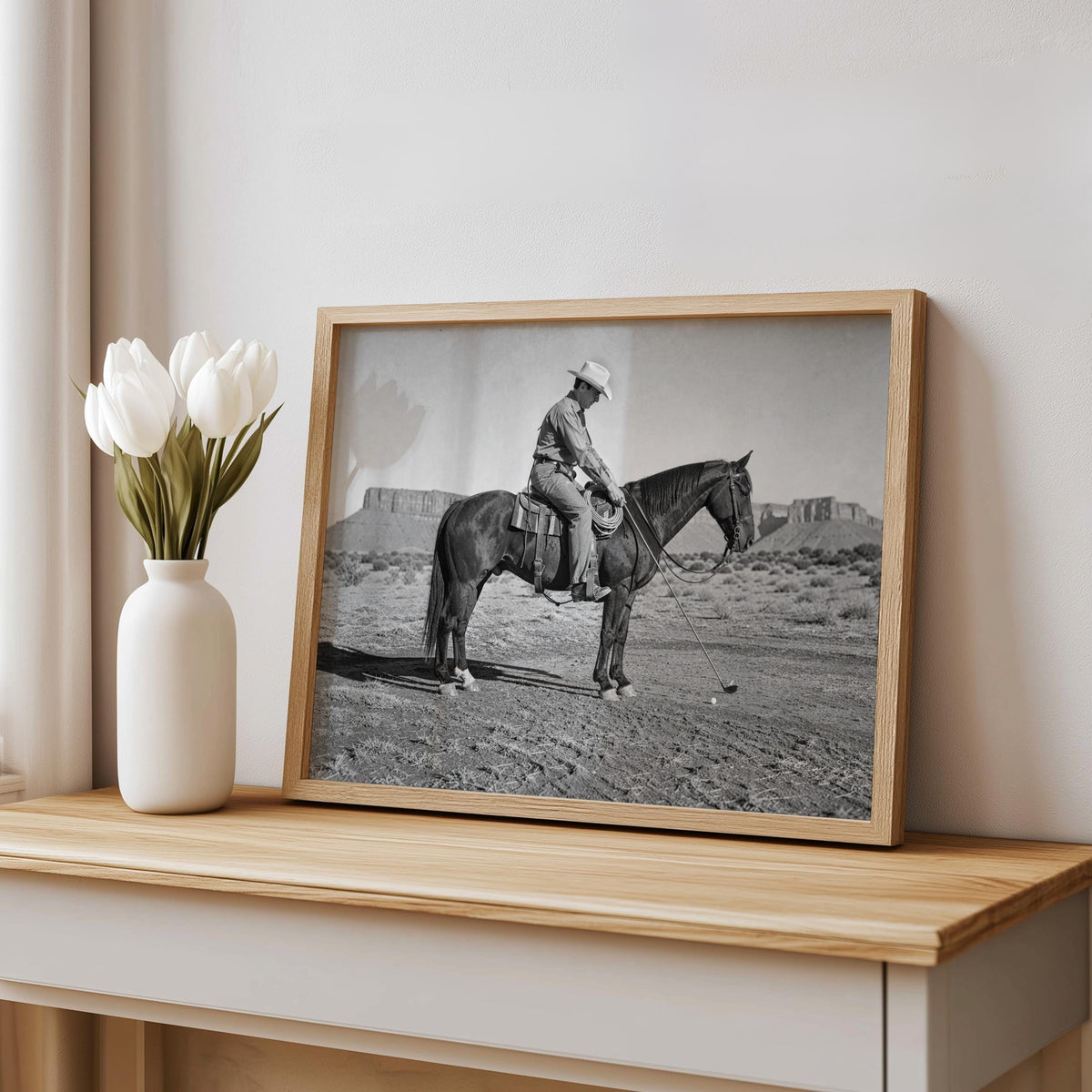 Cowboy Playing Golf Print, Vintage Western Wall Art, Black and White Horse Photography, Funny Golf Decor, Rustic Man Cave Poster