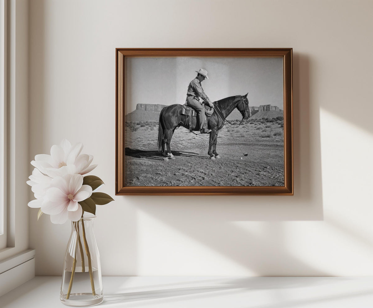 Cowboy Playing Golf Print, Vintage Western Wall Art, Black and White Horse Photography, Funny Golf Decor, Rustic Man Cave Poster