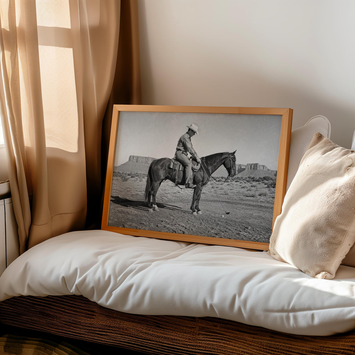 Cowboy Playing Golf Print, Vintage Western Wall Art, Black and White Horse Photography, Funny Golf Decor, Rustic Man Cave Poster