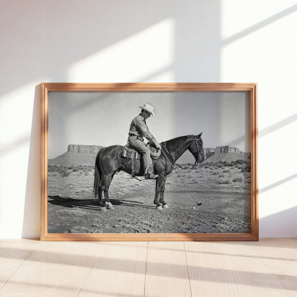Cowboy Playing Golf Print, Vintage Western Wall Art, Black and White Horse Photography, Funny Golf Decor, Rustic Man Cave Poster