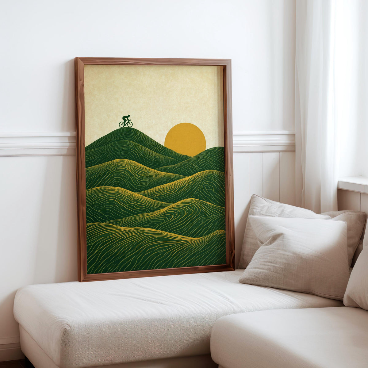 Vintage Cycling Poster, Abstract Green Hills Wall Art, Minimalist Bike Print, Japandi Line Art Home Decor, Cyclist Outdoor Lover Gift,