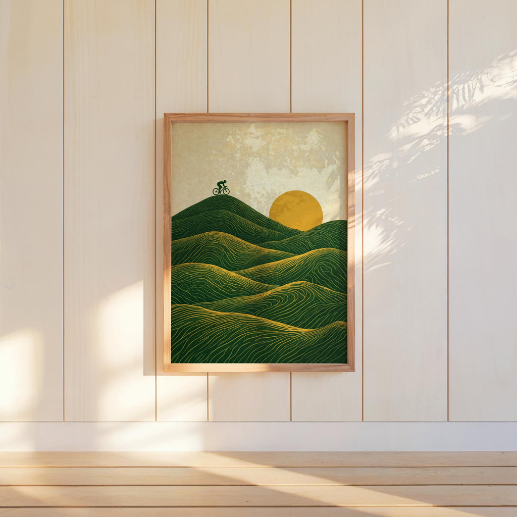Vintage Cycling Poster, Abstract Green Hills Wall Art, Minimalist Bike Print, Japandi Line Art Home Decor, Cyclist Outdoor Lover Gift,