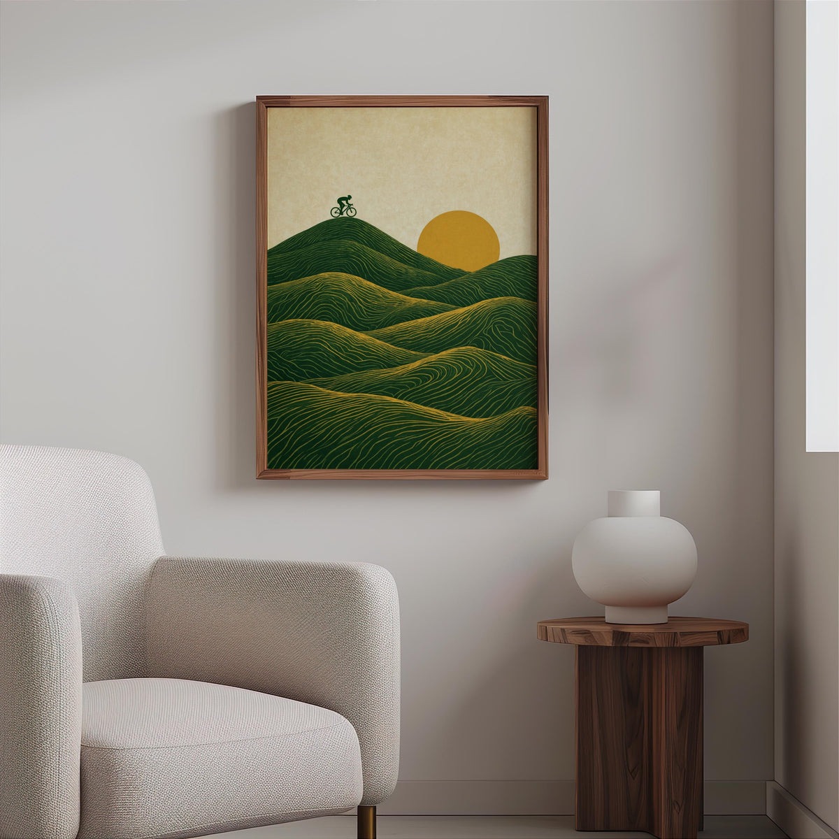 Vintage Cycling Poster, Abstract Green Hills Wall Art, Minimalist Bike Print, Japandi Line Art Home Decor, Cyclist Outdoor Lover Gift,
