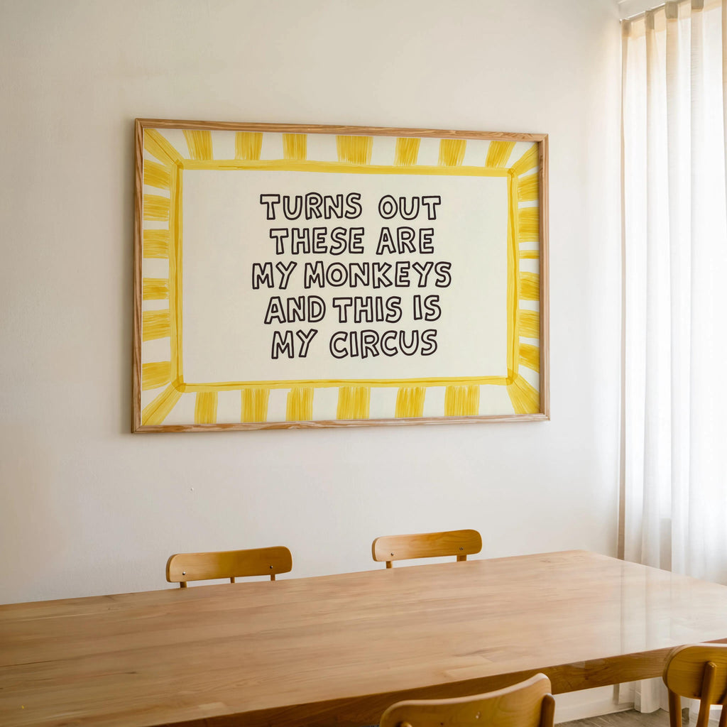 Yellow striped framed print hung above dining nook, cheerful retro typography, kitchen quote wall art, funny quote wall art.