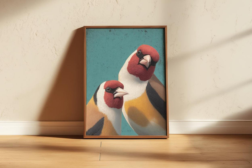 Goldfinch wall art print in wood frame leaning against cream wall, dramatic diagonal sunlit shadow.