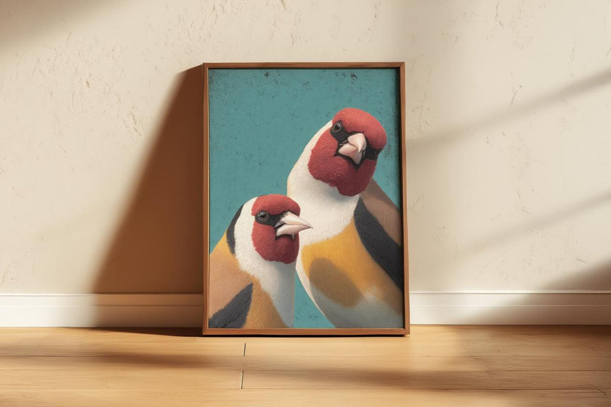 Goldfinch wall art print in wood frame leaning against cream wall, dramatic diagonal sunlit shadow.