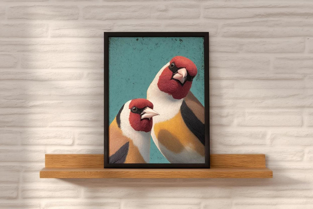 Black framed goldfinch wall art print on narrow wood shelf, textured white brick, playful nursery vibe.