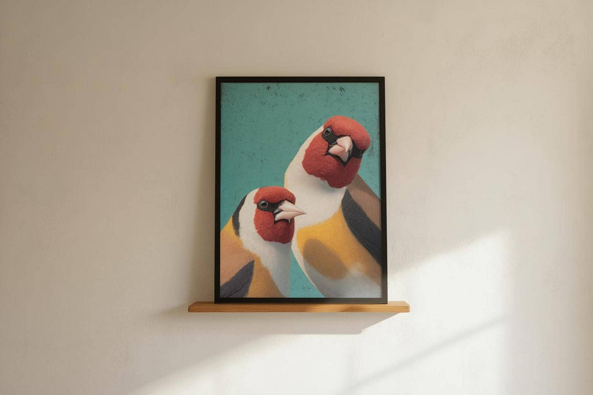 Minimal modern bird illustration framed on small wall ledge, soft off white wall, warm sunlight.
