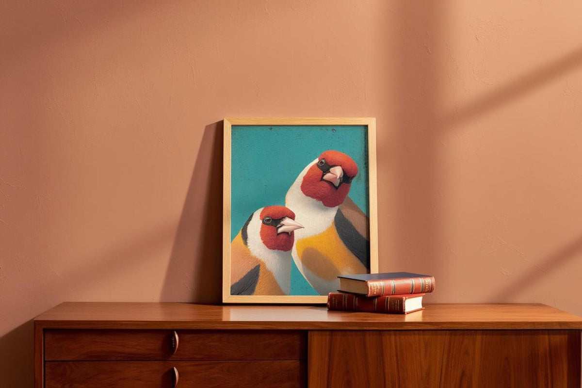 Goldfinch wall art print on dresser against terracotta wall, stacked books, warm cozy vignette.