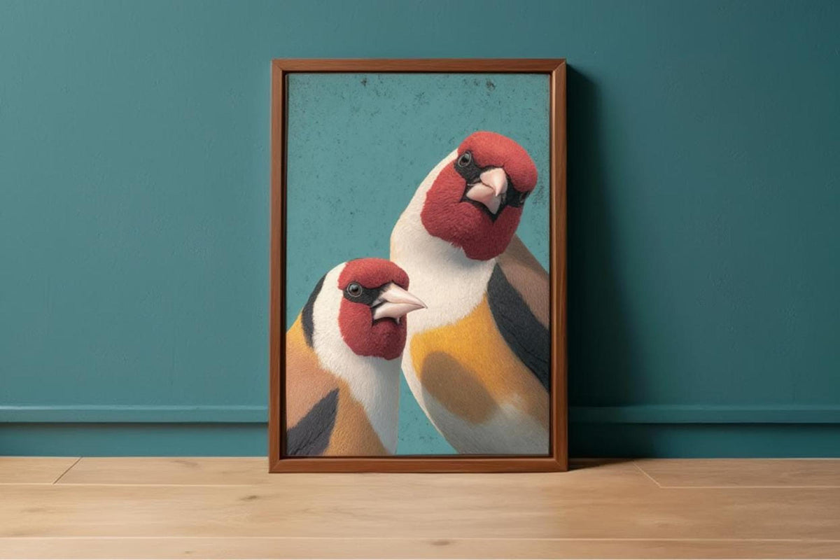 Framed goldfinch wall art print on floor, rich teal accent wall, bold colorful contrast for decor.
