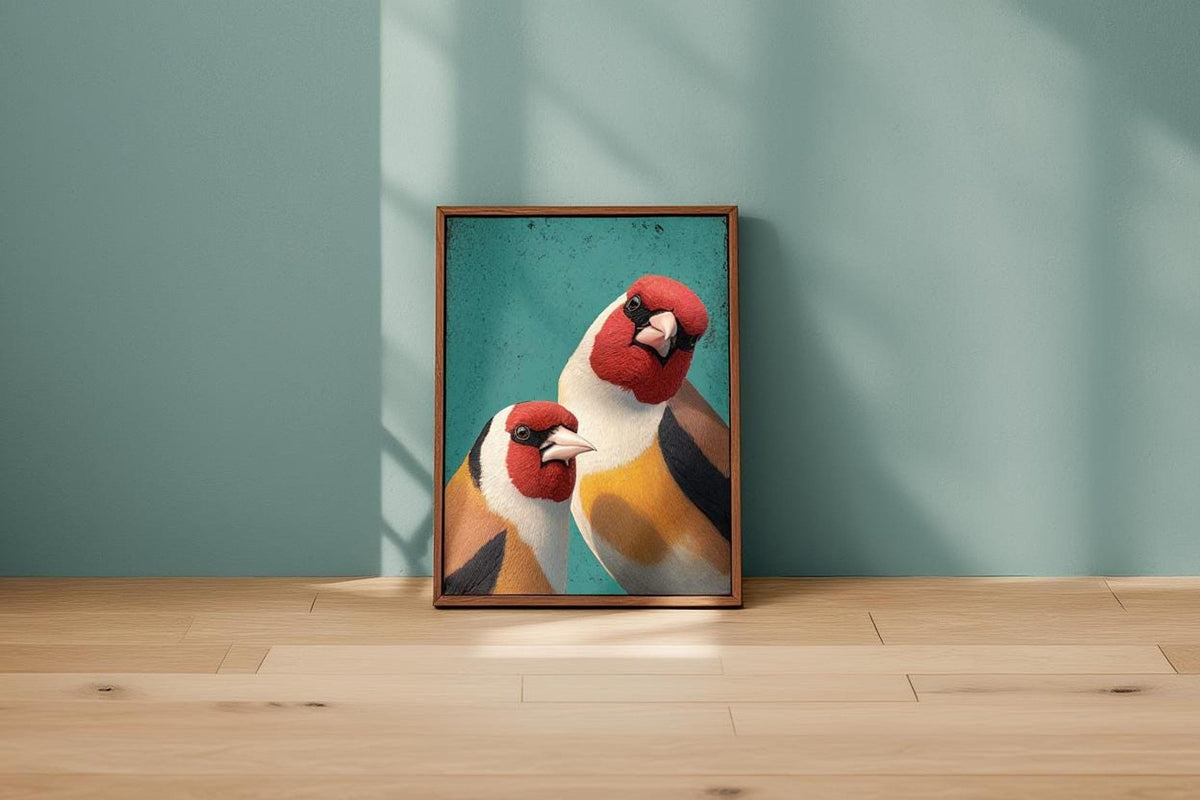 Goldfinch nursery decor print in wood frame on floor, mint teal wall, window light casting soft bars.