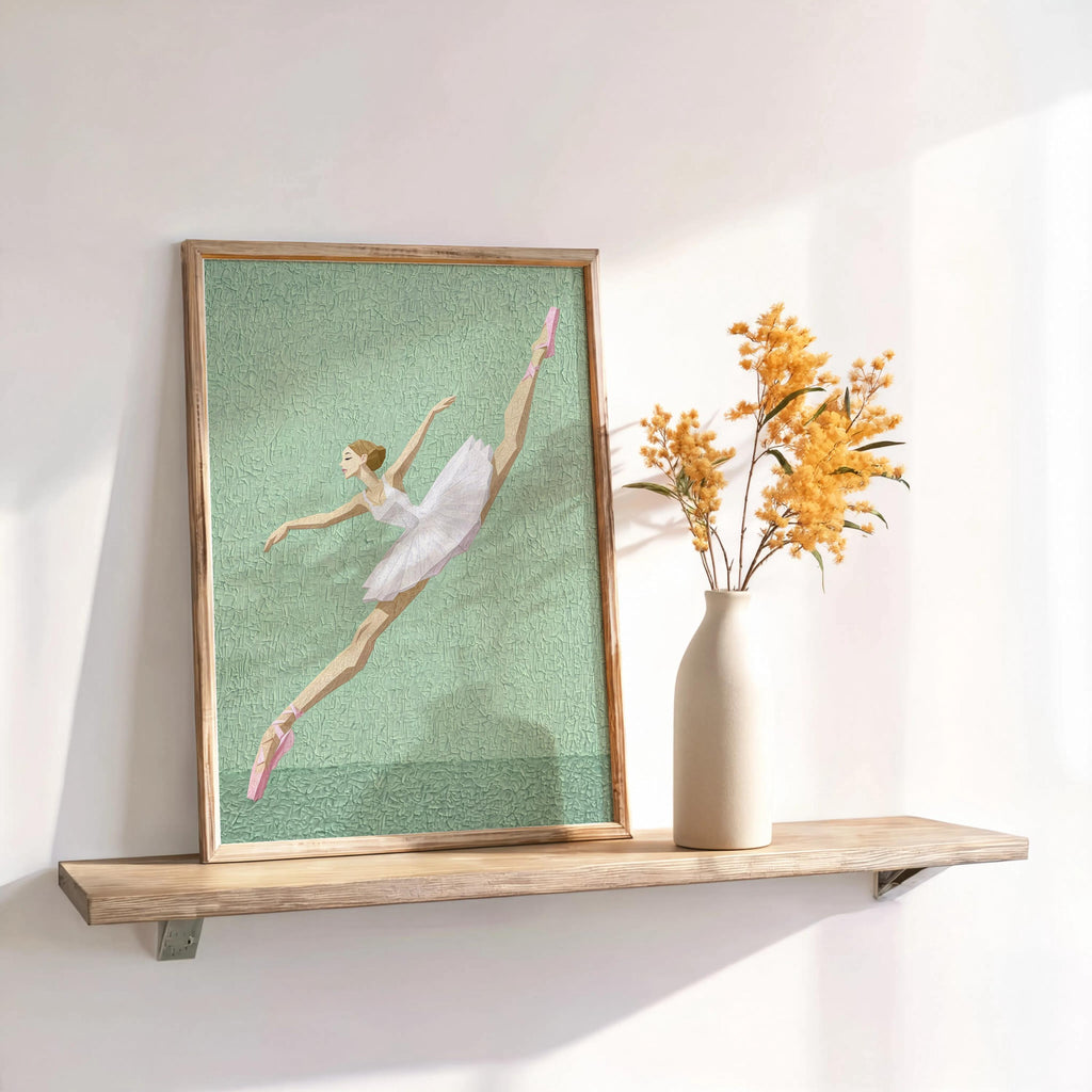 Mint abstract ballerina wall art leaning on shelf beside flowers, soft pastel ballerina print for dance studio wall art