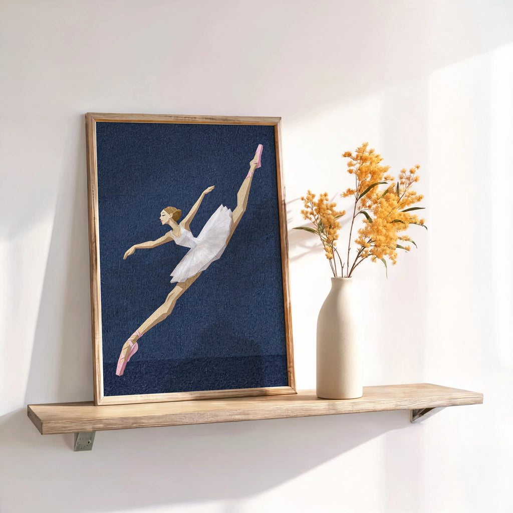 Navy abstract ballerina wall art leaning on shelf, textured speckled background, elegant ballet room decor accent