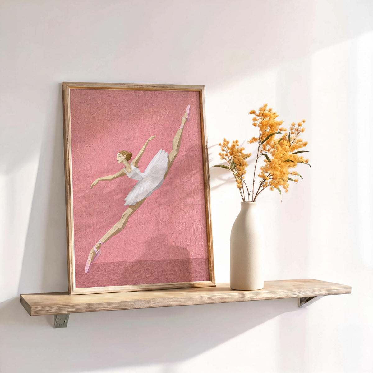 Dusty pink abstract ballerina wall art leaning on shelf with dried florals, girls ballet room decor and nursery print
