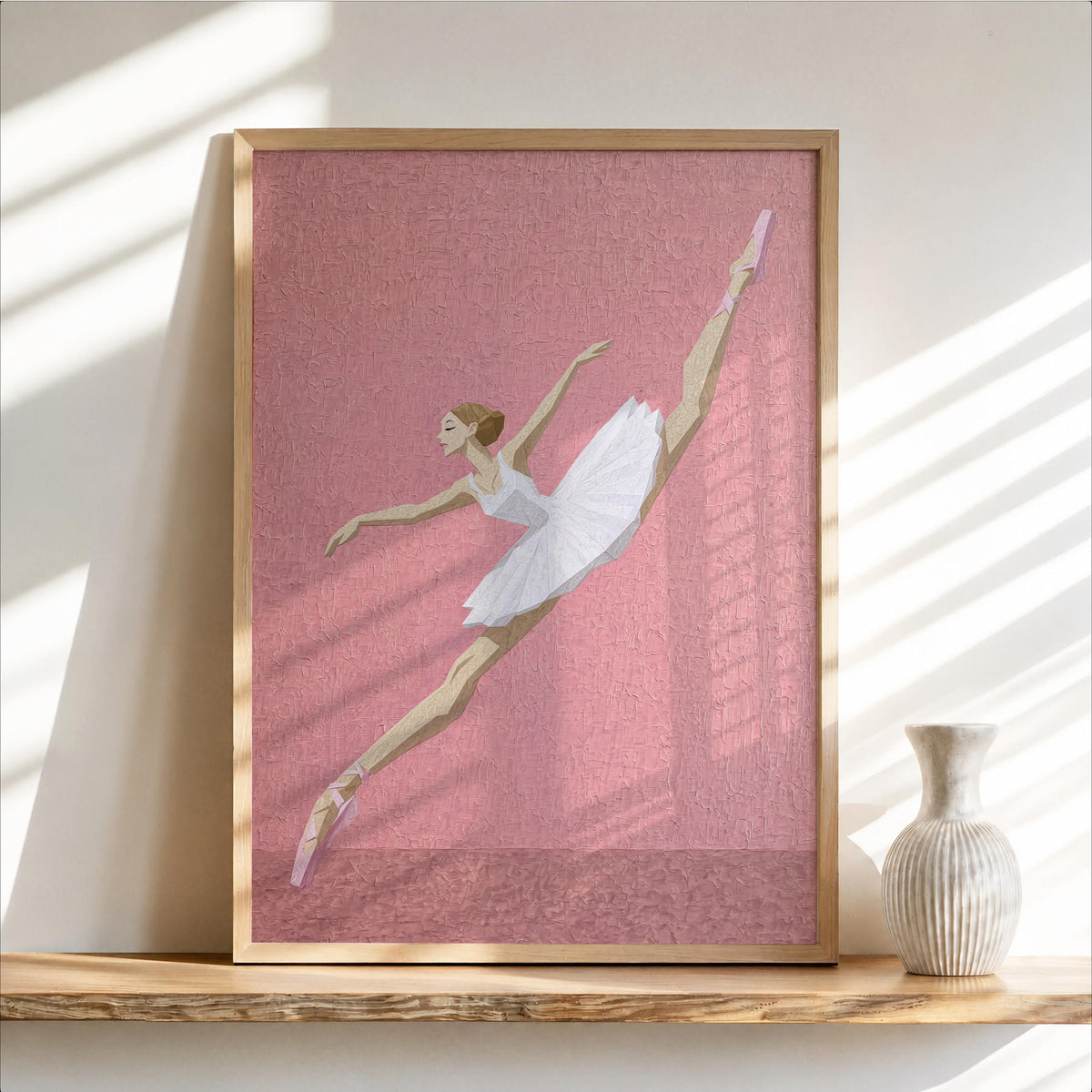 Framed abstract ballerina wall art, dusty pink textured backdrop, graceful leap captured, ballet nursery wall art
