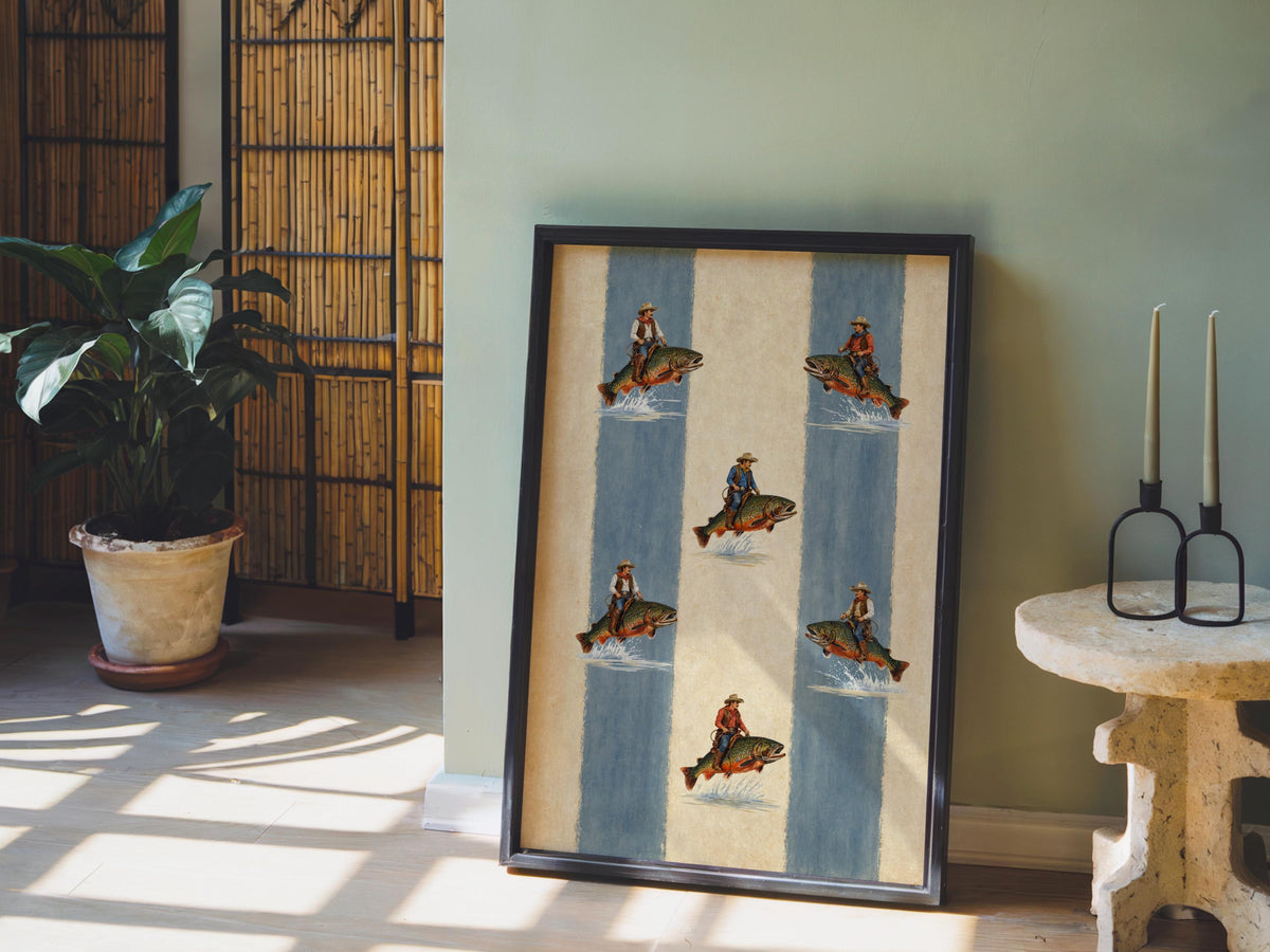 Cowboy Riding Trout Fish Art, Striped Vintage Western Fishing Poster, Cabin Decor, Funny Old West Print, Boys Nursery Decor, Lake House Gift
