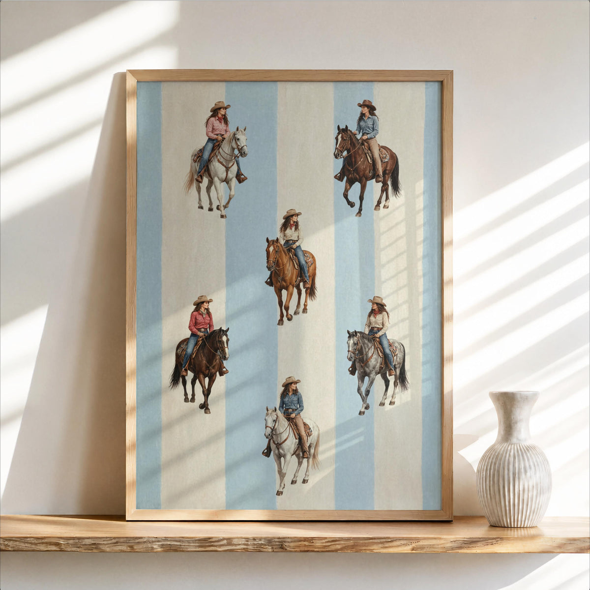 Striped Cowgirl Wall Art, Western Horse Rider Print, Vintage Cowboy Decor, Girly Equestrian Gift, Retro Americana Ranch House Poster