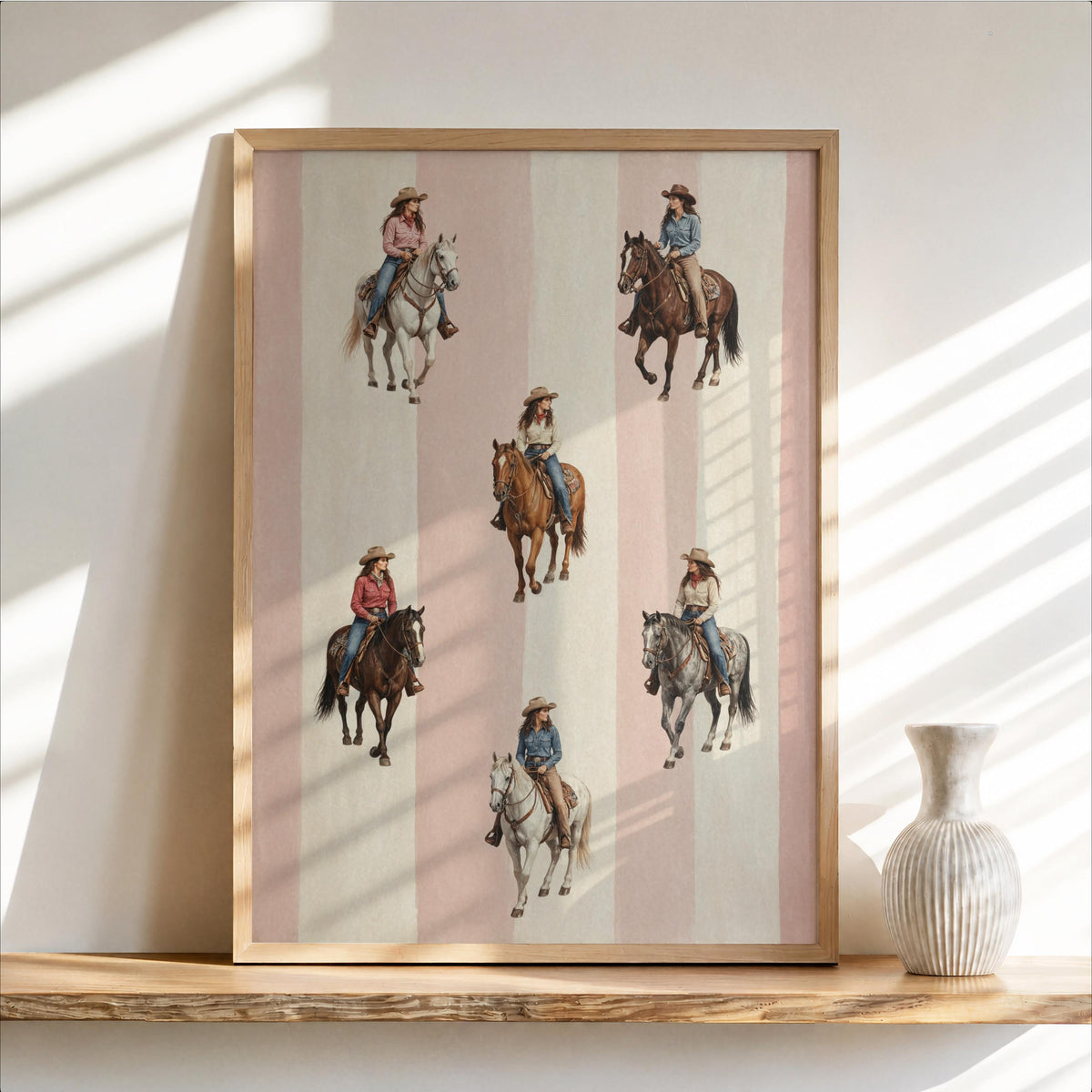 Striped Cowgirl Wall Art, Western Horse Rider Print, Vintage Cowboy Decor, Girly Equestrian Gift, Retro Americana Ranch House Poster