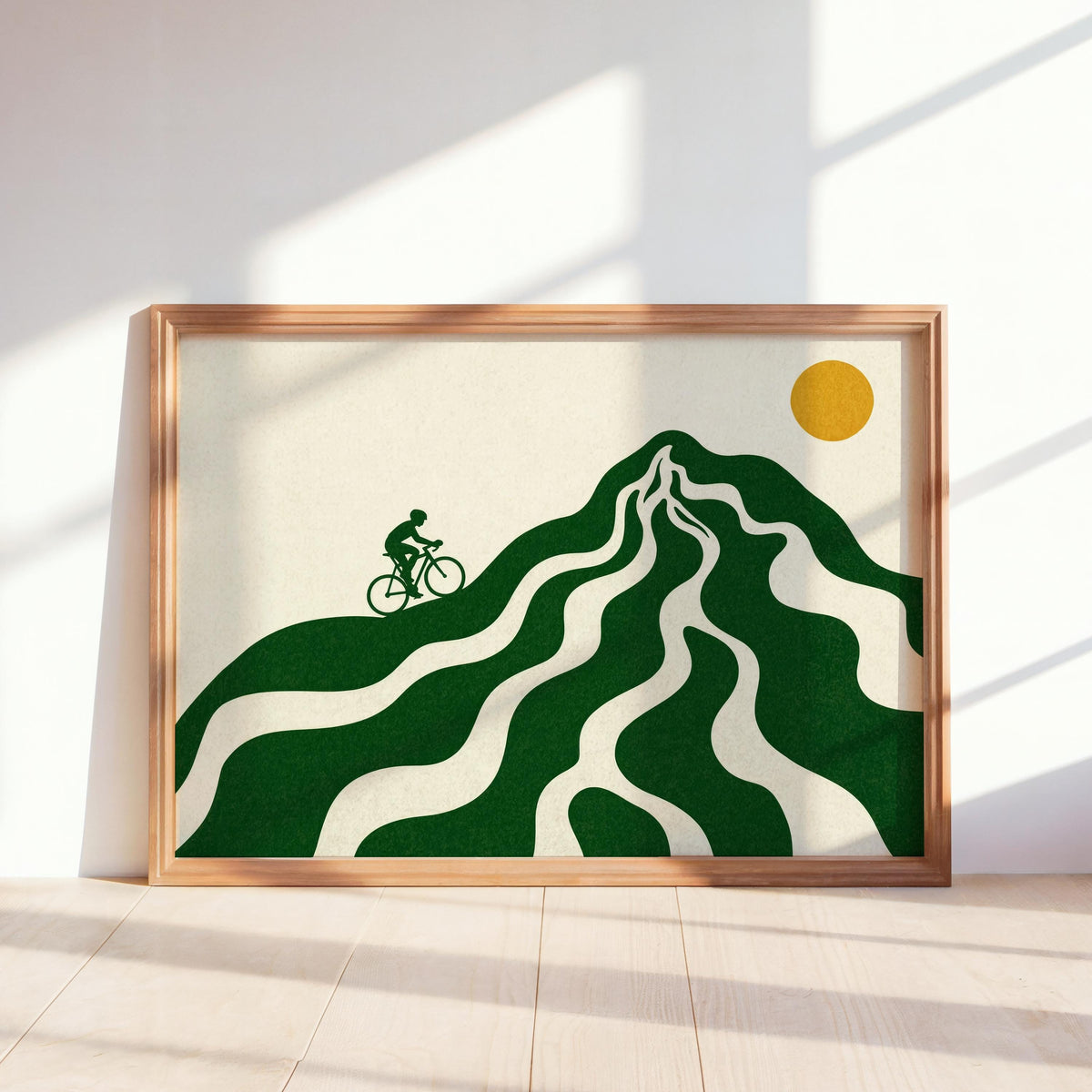 Minimalist Cycling Wall Art, Mid Century Modern Landscape Print, Green Mountain Poster, Abstract Bicycle Decor, Retro Sports Lover Gift