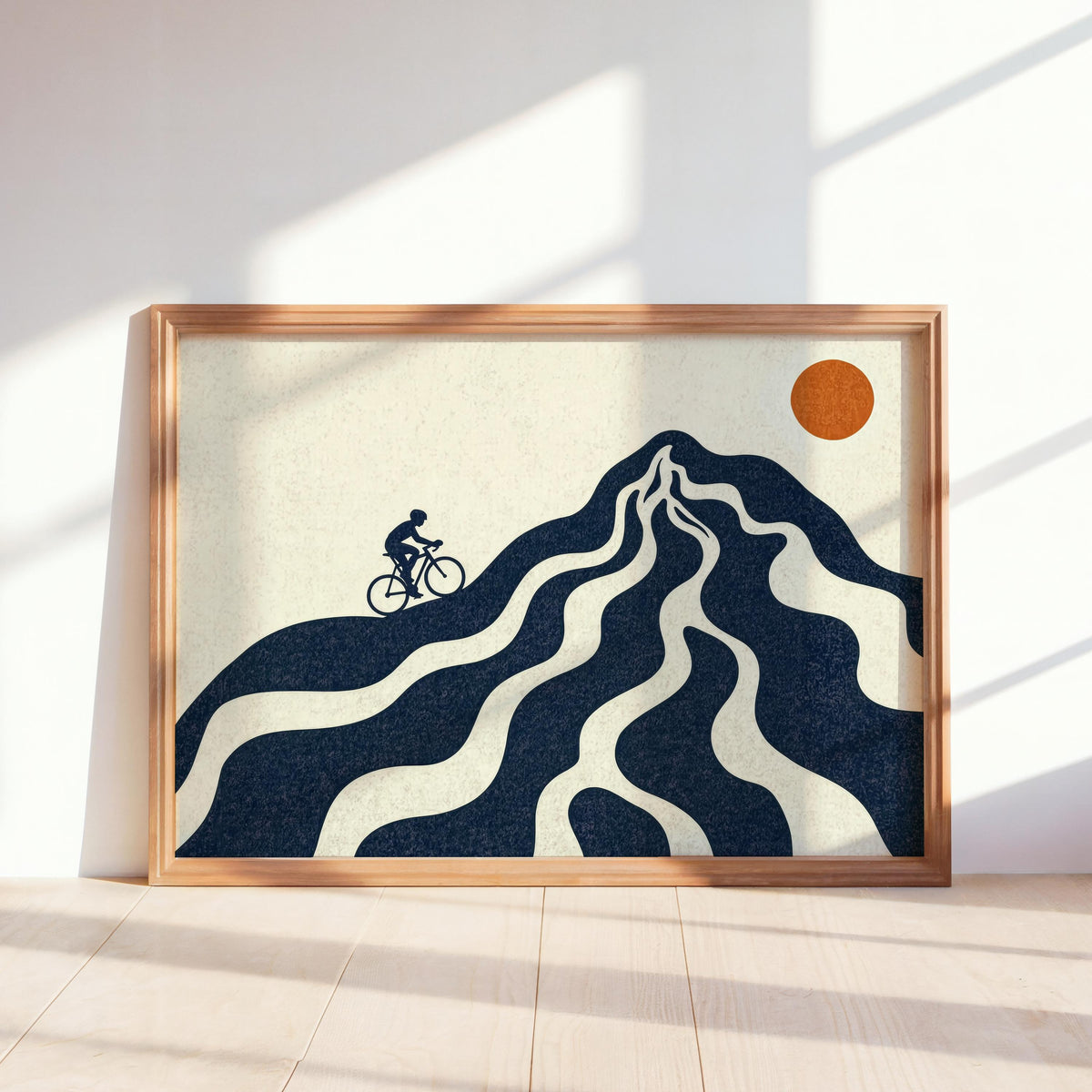 Minimalist Cycling Wall Art, Mid Century Modern Landscape Print, Green Mountain Poster, Abstract Bicycle Decor, Retro Sports Lover Gift