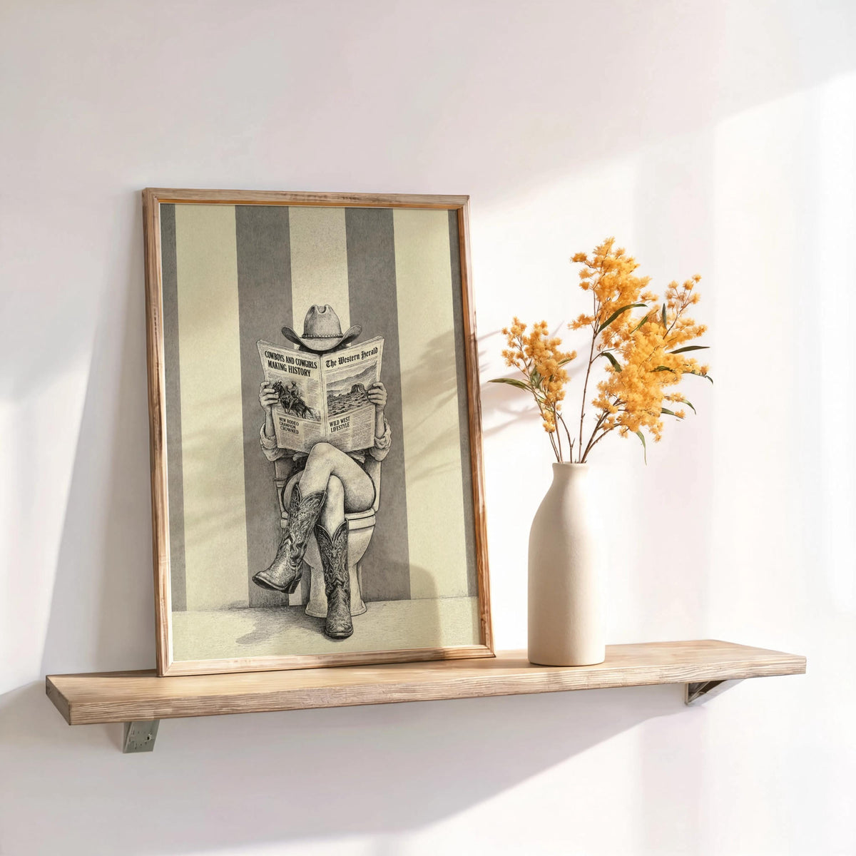 Cowgirl Reading Newspaper Art, Feminine Western Wall Decor, Vintage Funny Bathroom Print, Rustic Cowboy Boots Poster, Ranch Restroom Gift