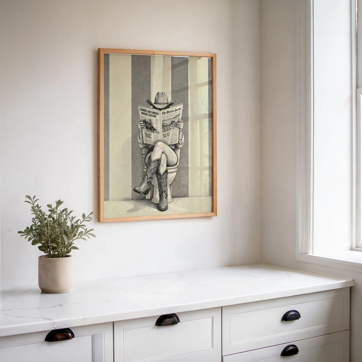 Cowgirl Reading Newspaper Art, Feminine Western Wall Decor, Vintage Funny Bathroom Print, Rustic Cowboy Boots Poster, Ranch Restroom Gift