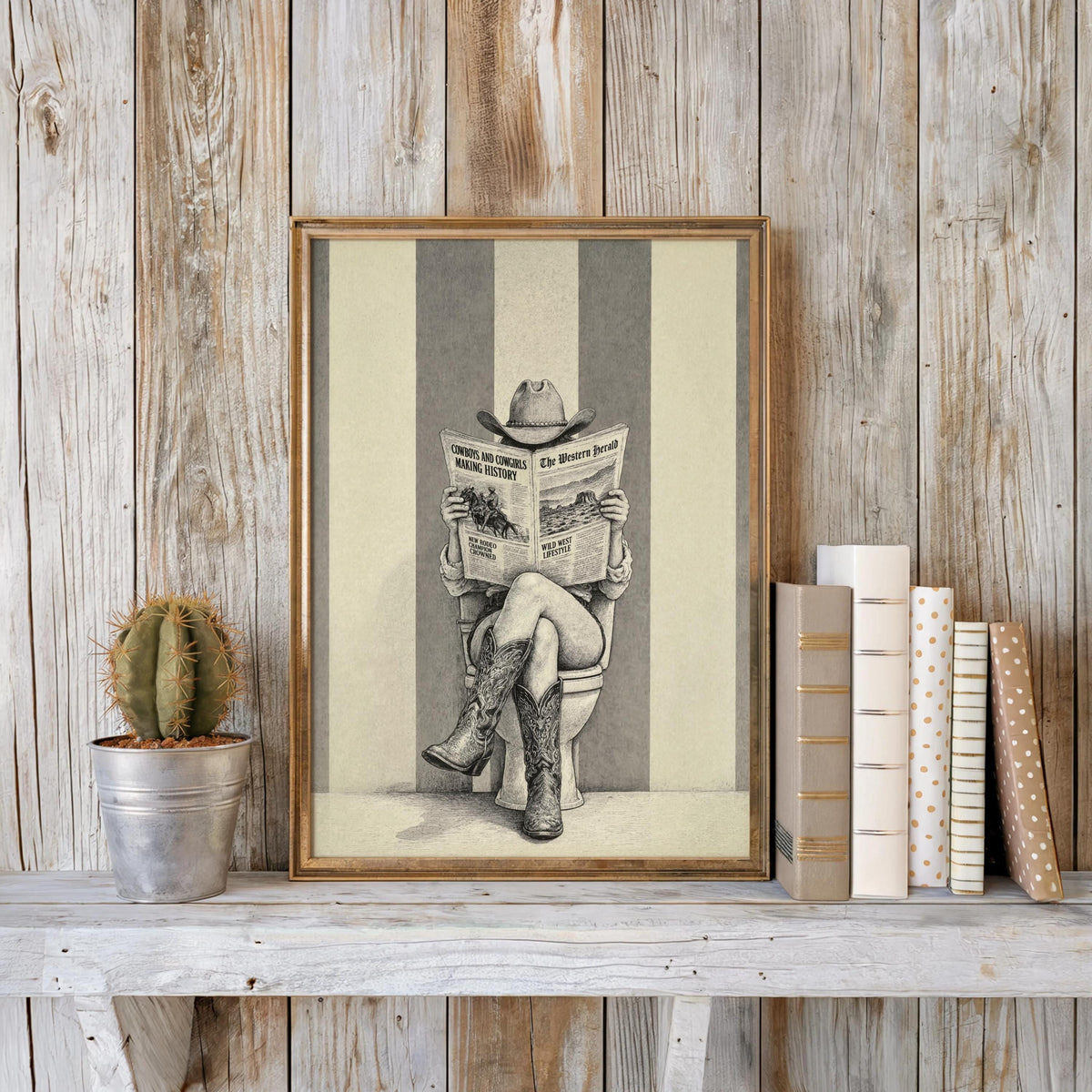 Cowgirl Reading Newspaper Art, Feminine Western Wall Decor, Vintage Funny Bathroom Print, Rustic Cowboy Boots Poster, Ranch Restroom Gift