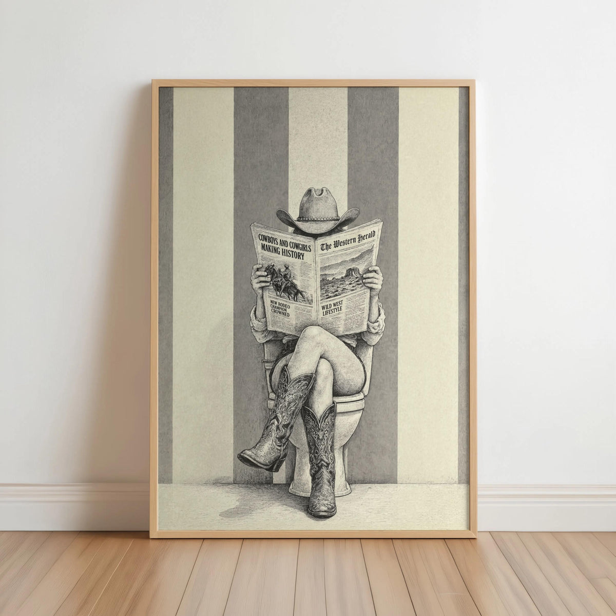 Cowgirl Reading Newspaper Art, Feminine Western Wall Decor, Vintage Funny Bathroom Print, Rustic Cowboy Boots Poster, Ranch Restroom Gift