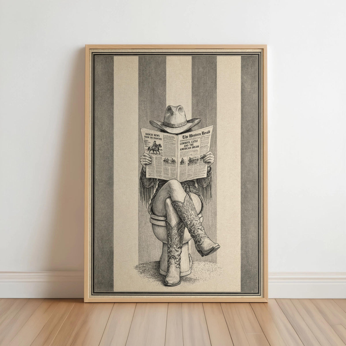 Cowgirl Western Bathroom Wall Art, Newspaper Feminine Print, Funny Bathroom Decor, Retro Rustic Cowboy Boots Poster, Farmhouse Illustration