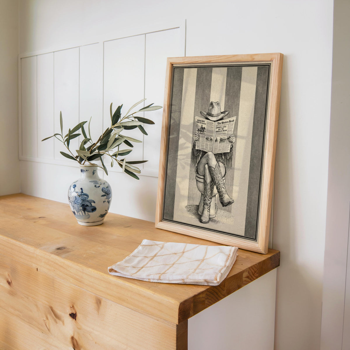 Cowgirl Western Bathroom Wall Art, Newspaper Feminine Print, Funny Bathroom Decor, Retro Rustic Cowboy Boots Poster, Farmhouse Illustration