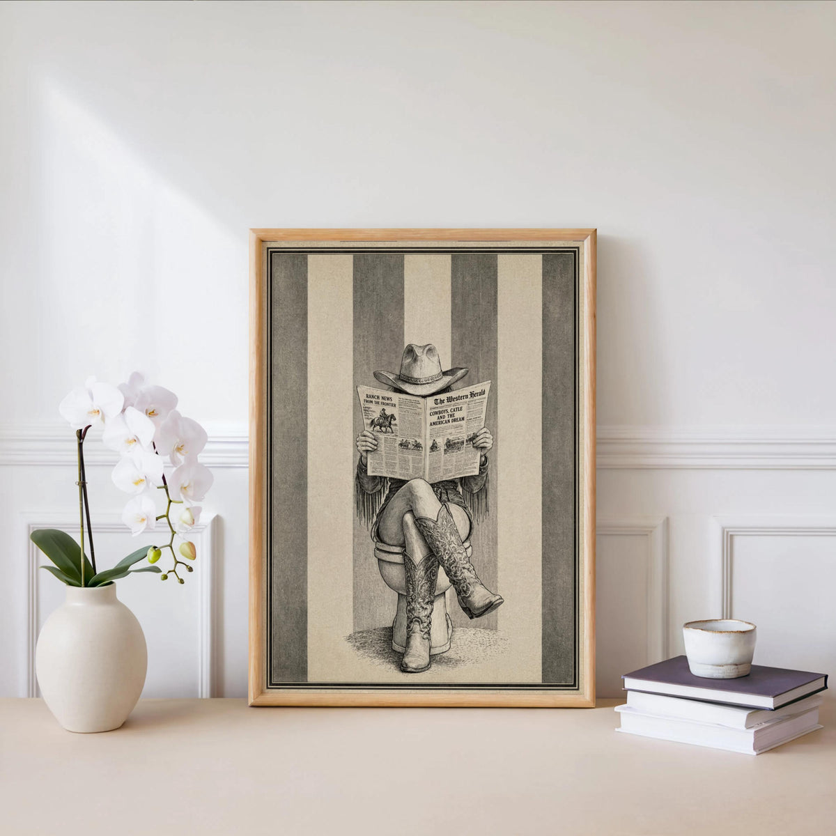 Cowgirl Western Bathroom Wall Art, Newspaper Feminine Print, Funny Bathroom Decor, Retro Rustic Cowboy Boots Poster, Farmhouse Illustration