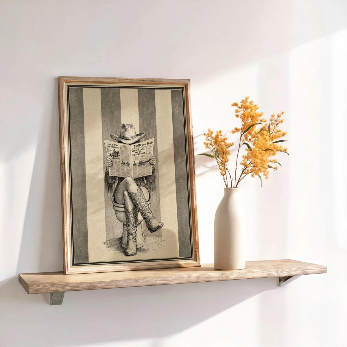 Cowgirl Western Bathroom Wall Art, Newspaper Feminine Print, Funny Bathroom Decor, Retro Rustic Cowboy Boots Poster, Farmhouse Illustration