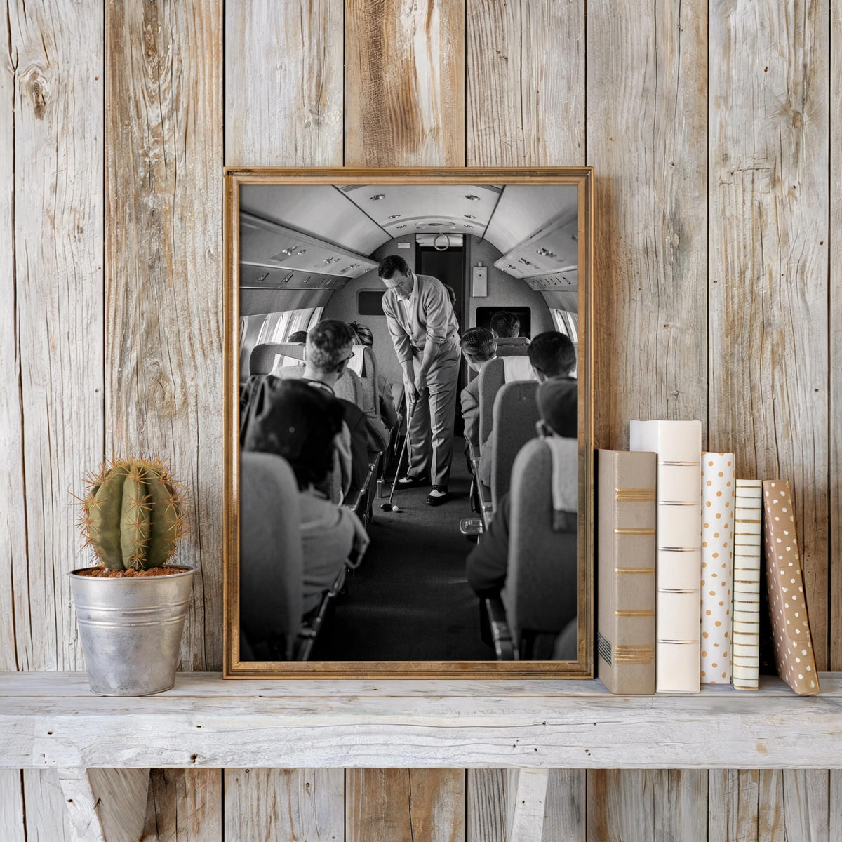 Funny Golf Wall Art, Golfer on Airplane Poster, Vintage Aviation Print, Black and White Travel Decor, Quirky Airline Gift for Golfers