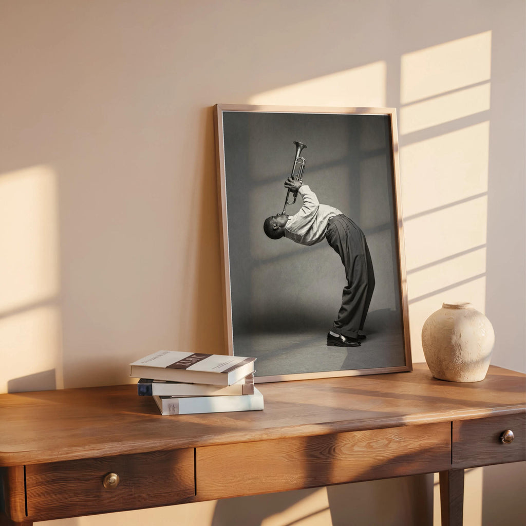 Funny Trumpet Player Wall Art, Jazz Music Poster, Black White African American Musician Print, Vintage Afrocentric Decor, Instrument Photo