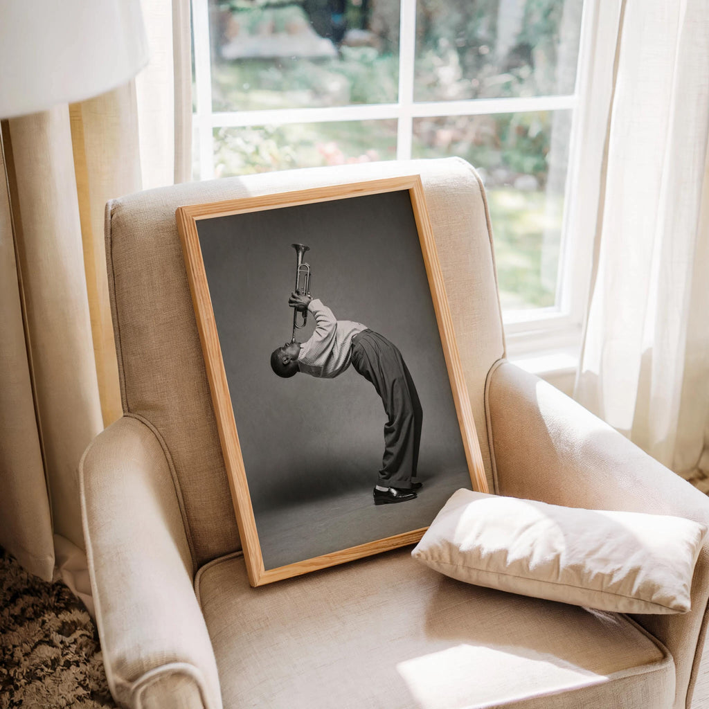 Funny Trumpet Player Wall Art, Jazz Music Poster, Black White African American Musician Print, Vintage Afrocentric Decor, Instrument Photo