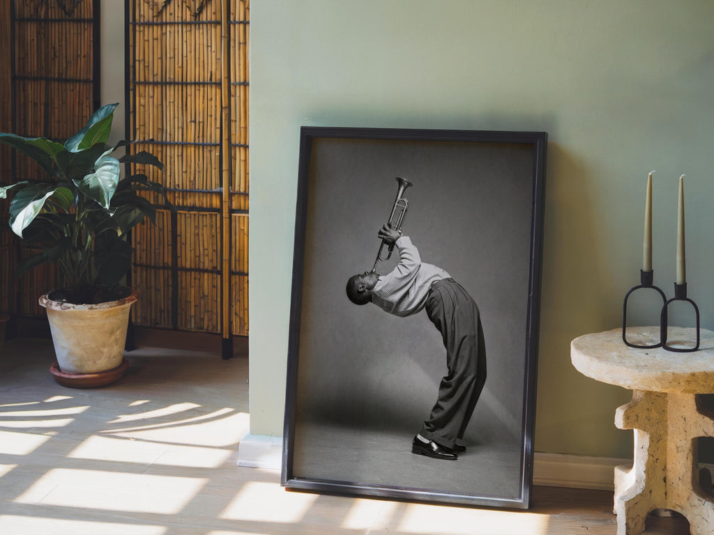 Funny Trumpet Player Wall Art, Jazz Music Poster, Black White African American Musician Print, Vintage Afrocentric Decor, Instrument Photo