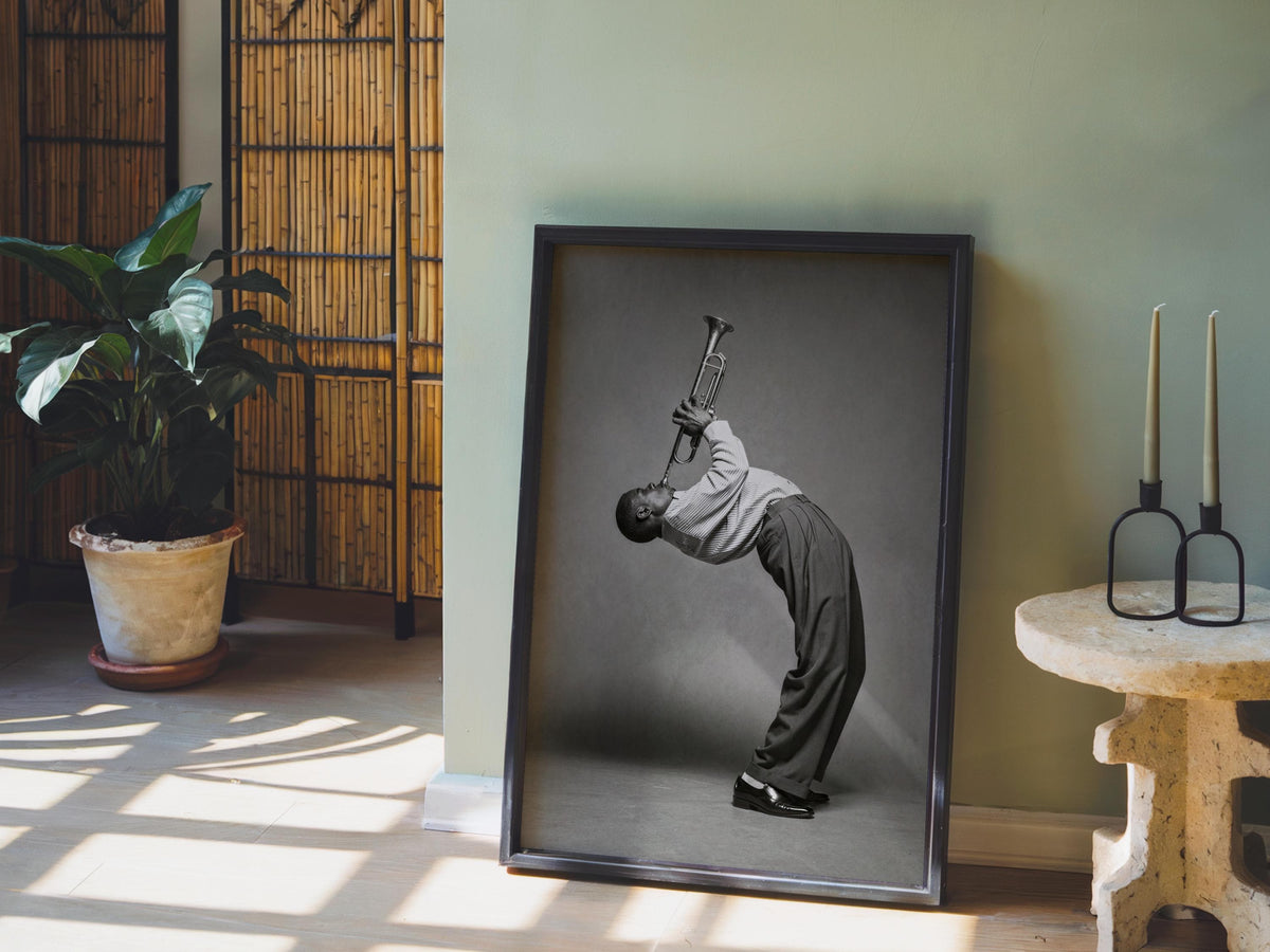 Funny Trumpet Player Wall Art, Jazz Music Poster, Black White African American Musician Print, Vintage Afrocentric Decor, Instrument Photo