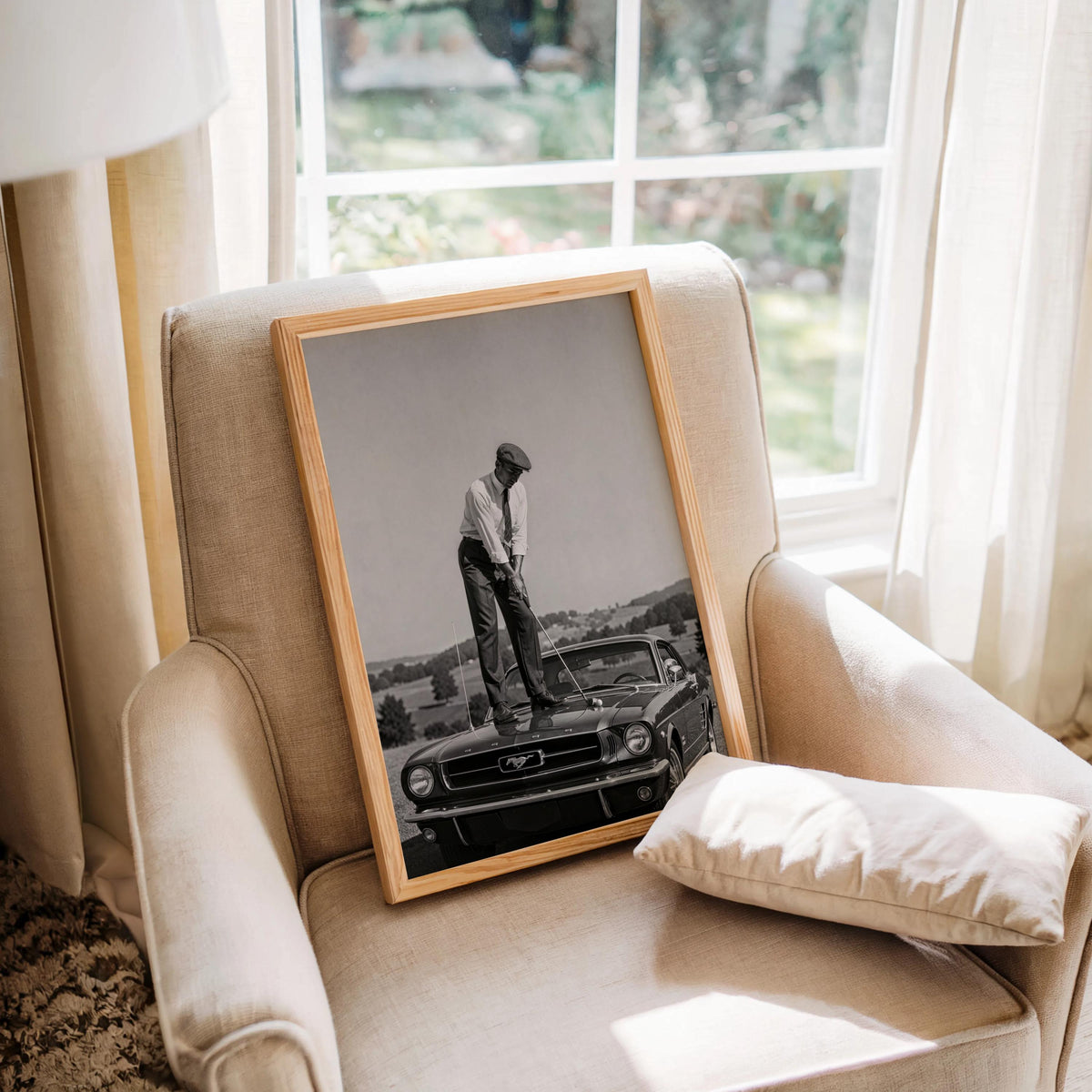 Golfer on Classic Car Print, Vintage Sports Artwork, Black & White Automotive Poster, Mid Century Style Wall Decor, Golf Gift
