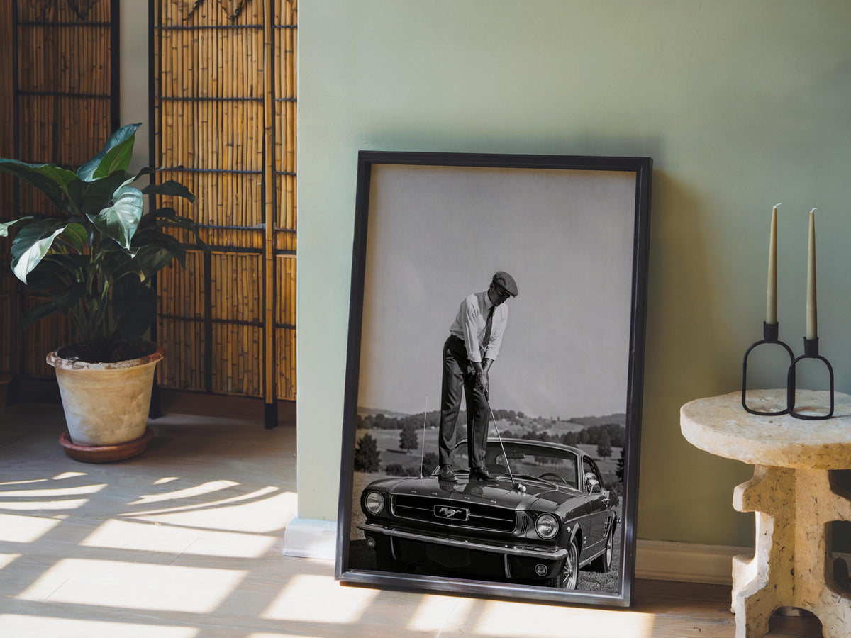Golfer on Classic Car Print, Vintage Sports Artwork, Black & White Automotive Poster, Mid Century Style Wall Decor, Golf Gift