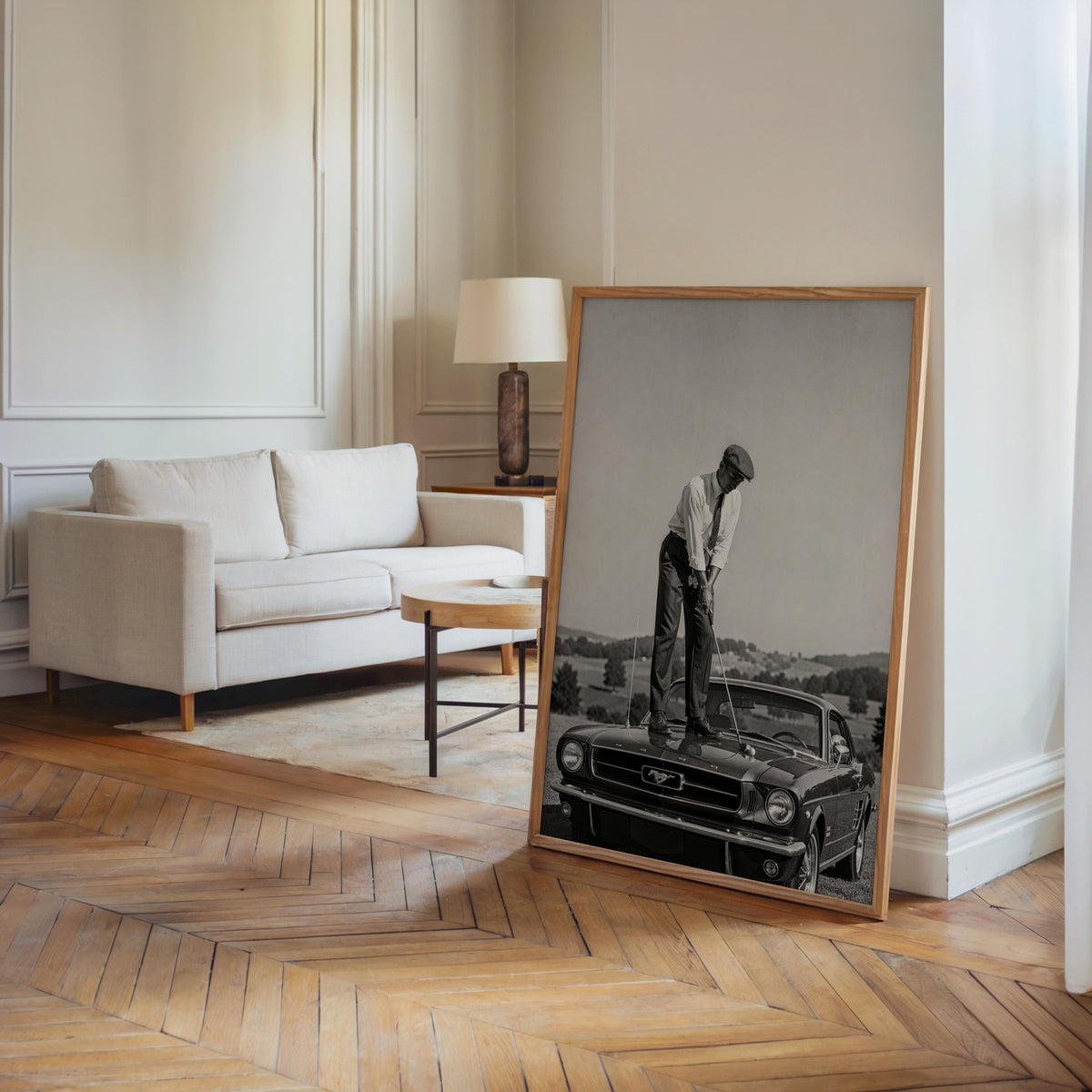 Golfer on Classic Car Print, Vintage Sports Artwork, Black & White Automotive Poster, Mid Century Style Wall Decor, Golf Gift