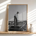 Golfer on Classic Car Print, Vintage Sports Artwork, Black & White Automotive Poster, Mid Century Style Wall Decor, Golf Gift