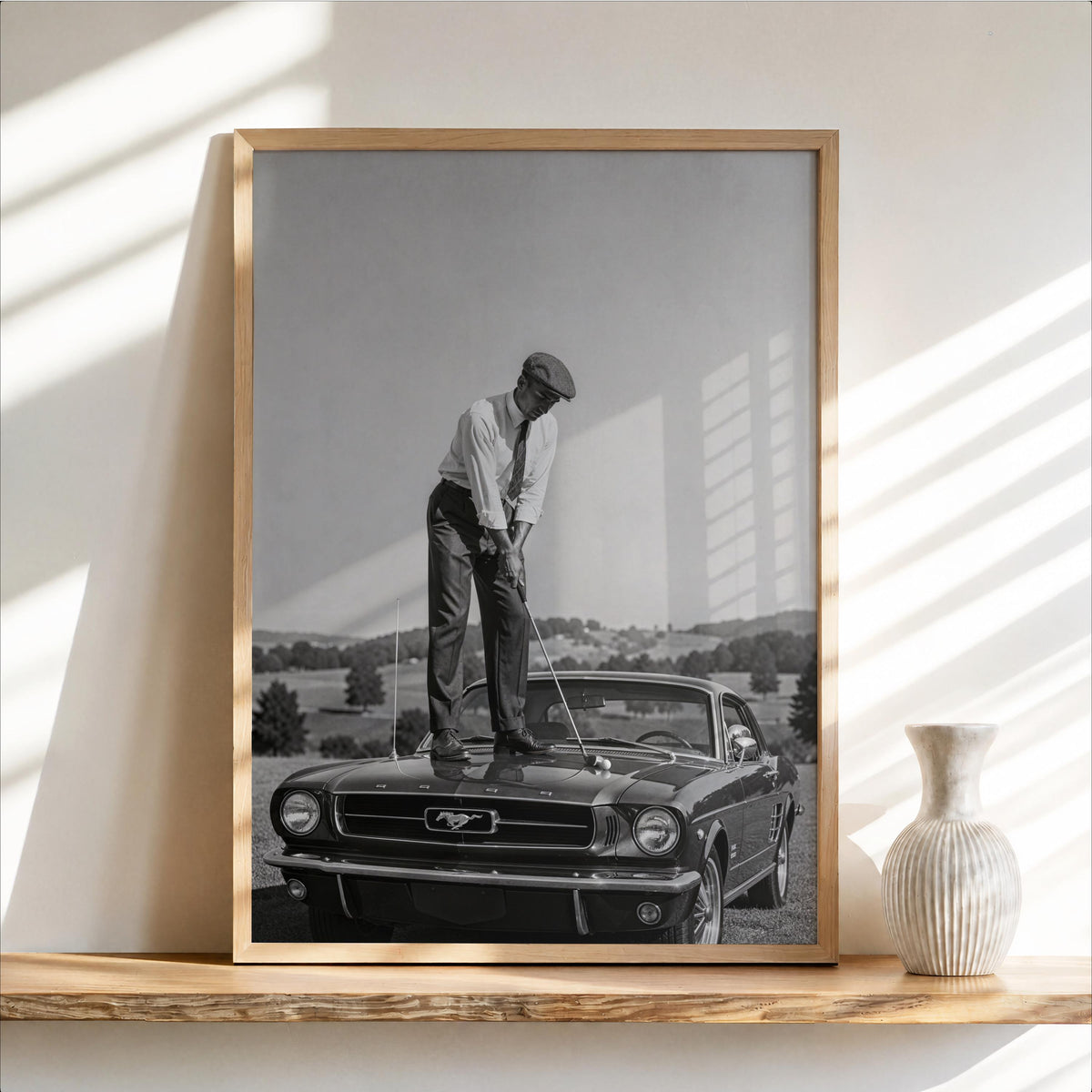 Golfer on Classic Car Print, Vintage Sports Artwork, Black & White Automotive Poster, Mid Century Style Wall Decor, Golf Gift