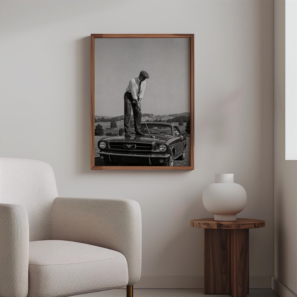 Golfer on Classic Car Print, Vintage Sports Artwork, Black & White Automotive Poster, Mid Century Style Wall Decor, Golf Gift