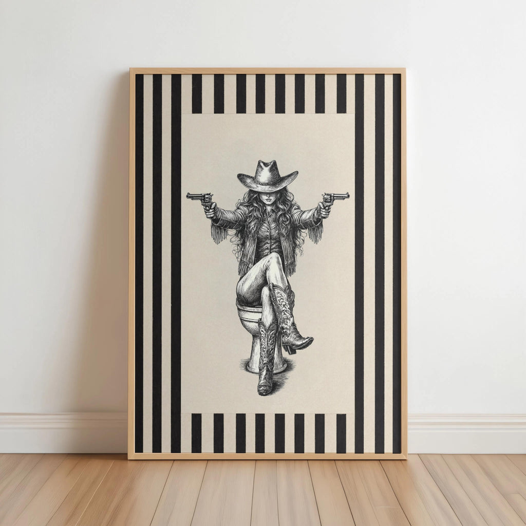 Full vertical cowgirl on toilet print leaning on white wall, bold black stripes frame, funny toilet wall art