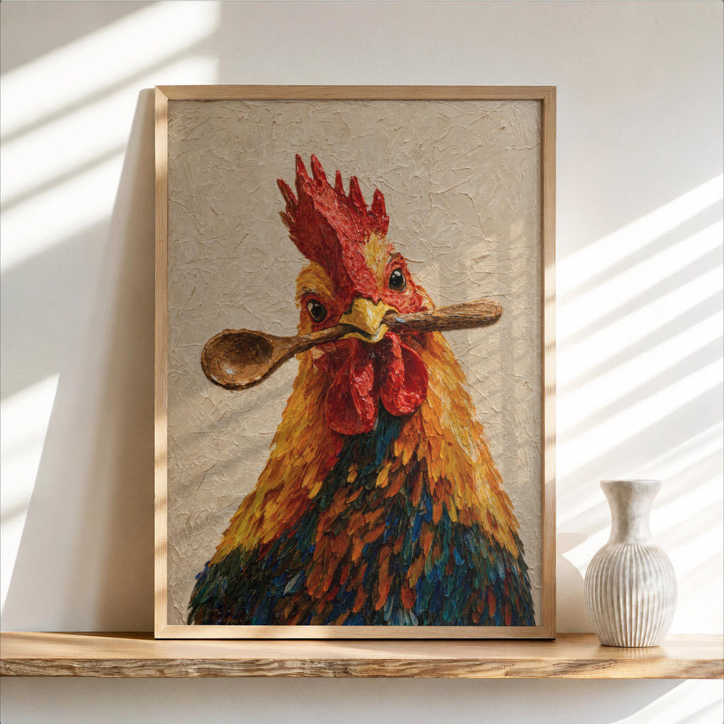 Framed rooster kitchen wall art on a shelf, bold palette-knife reds and deep blues, rooster with spoon print