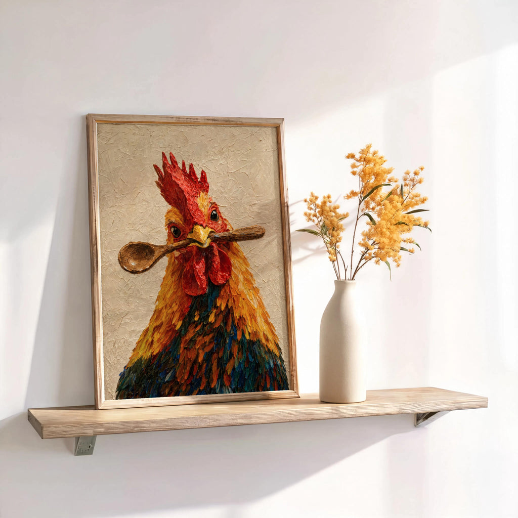 Rooster kitchen wall art leaning on a floating shelf beside a vase with dried sprig, farmhouse kitchen art vibe