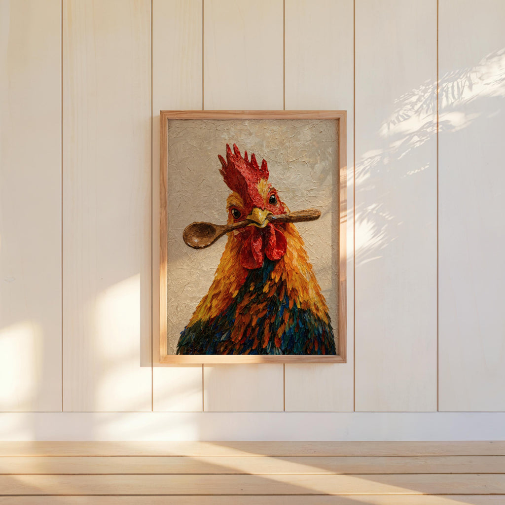 Framed rooster kitchen wall art mounted on white shiplap, warm sunlight highlights fiery red crest and spoon