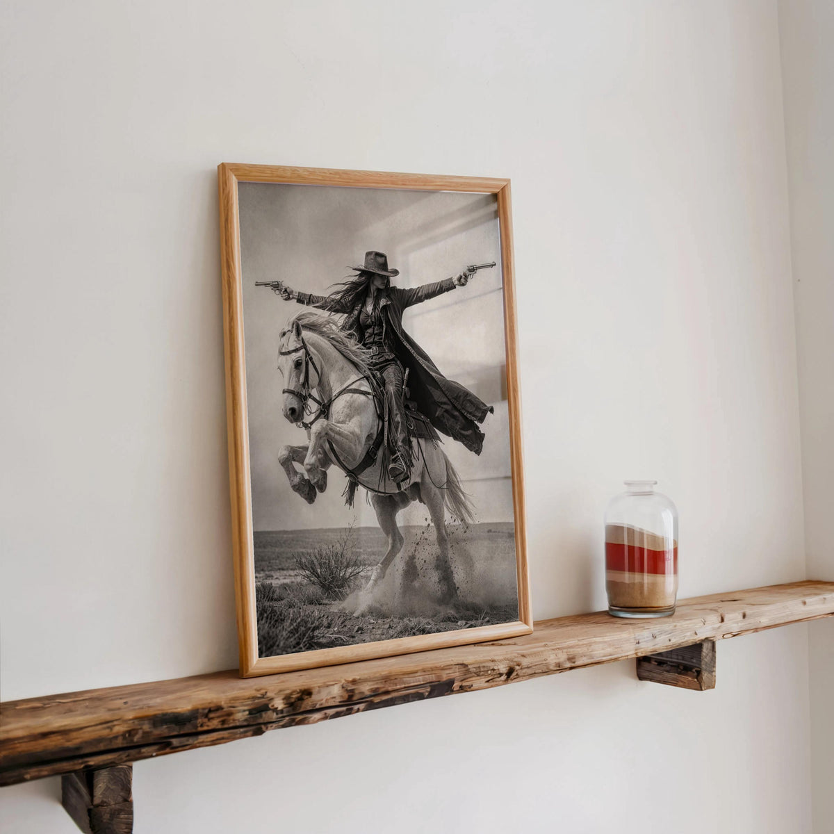 Gunslinger Cowgirl Poster, Wild West Horse Riding Wall Art, Vintage Outlaw Photography, Western Female Cowboy with Guns Living Room Decor